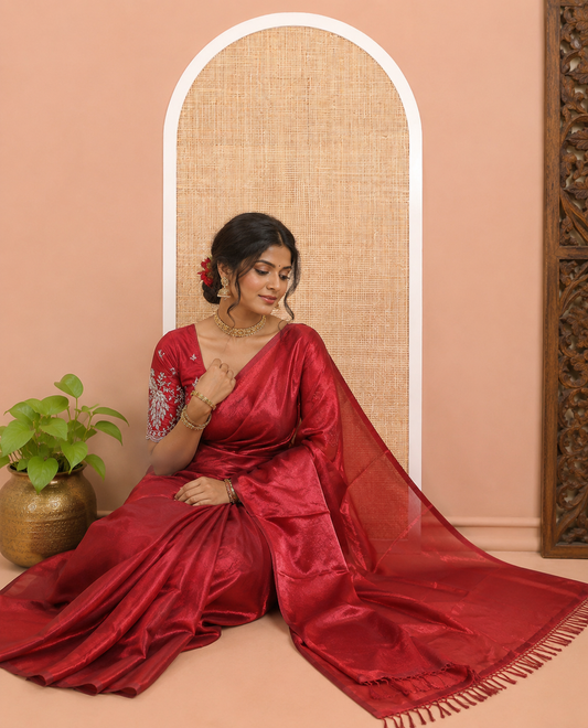 Borderless Maroon  Plain Fendi Chiffon Saree, a Self-Pallu, and a Matching Peacock Embroidered Blouse