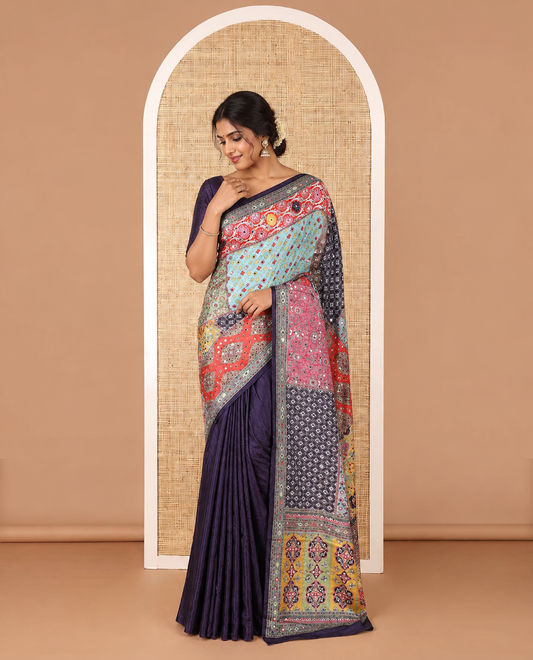 Multi-color printed, mirror work synon silk saree with printed border & printed rich pallu along with plain blouse