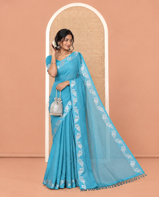 Blue Wrinkle Chiffon Saree, Highlighted by Floral Creeper Border, and No Blouse