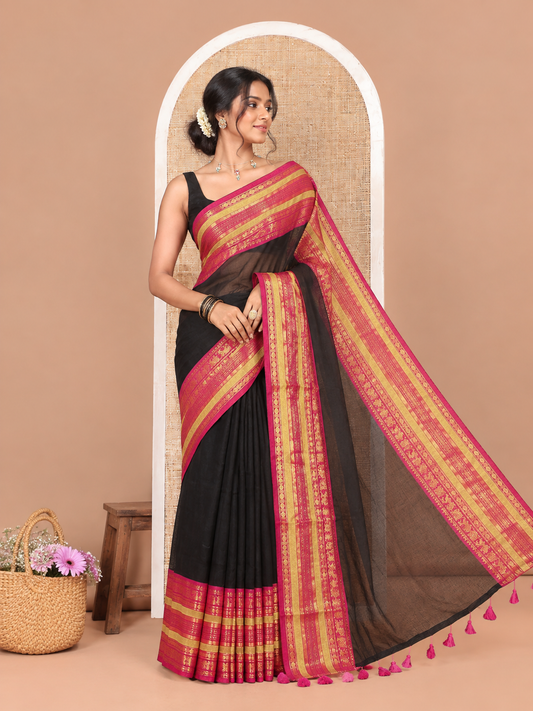 Black Plain Khadi Mul Cotton Saree, a Contrast Traditional Zari Design Border, a Self-Pallu, and No Blouse