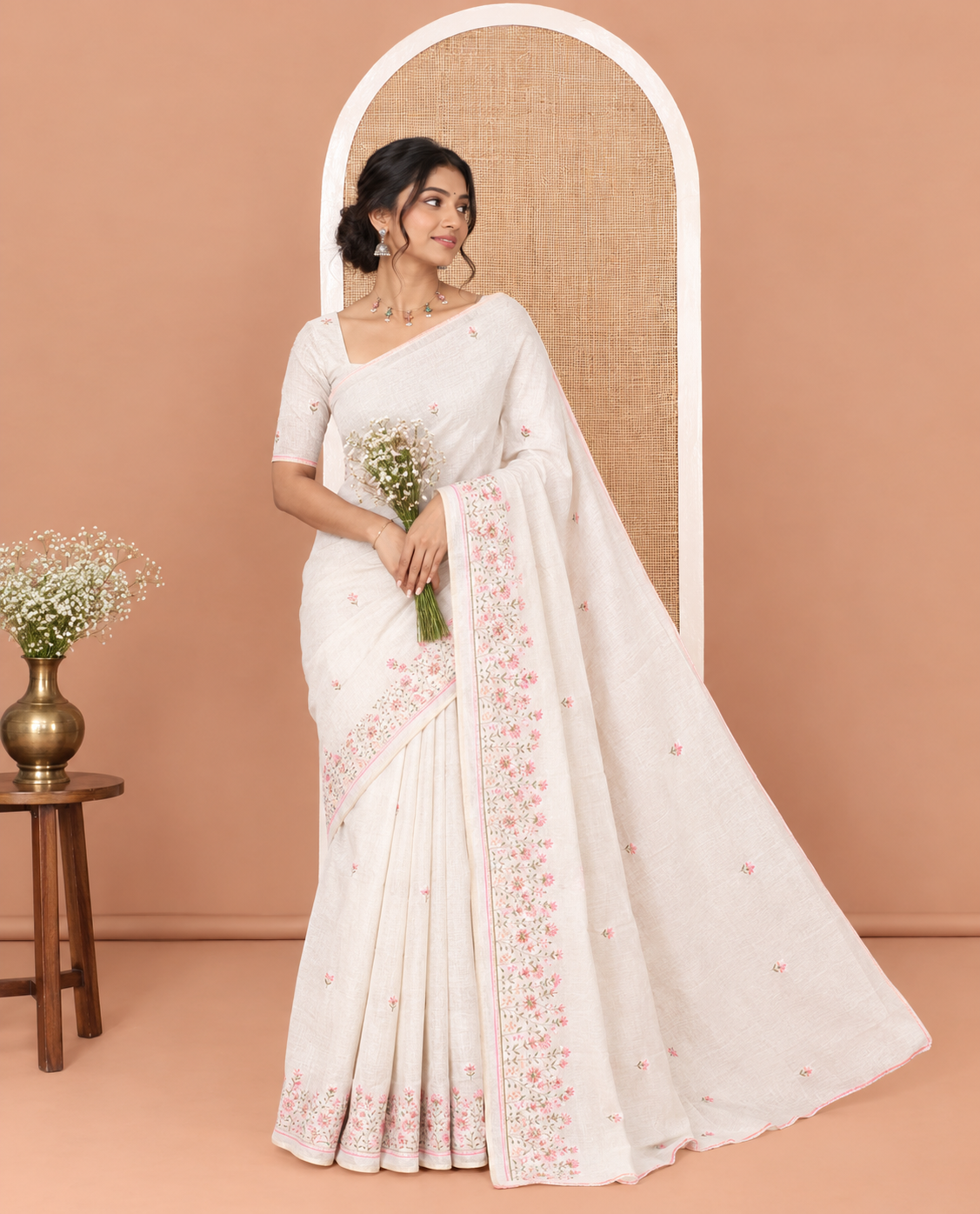 Cream Semi-Tussar Saree Features Floral Thread Embroidery, Floral Embroidered Border, Matching Blouse