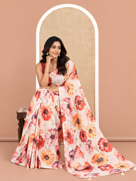 Borderless Cream Chiffon Saree, Accentuated with Floral Motif Print, a Self-Pallu, and No Blouse