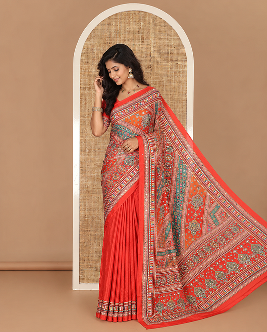 Red geometric patterns printed with mirror work Masakali saree, matching plain printed border and blouse