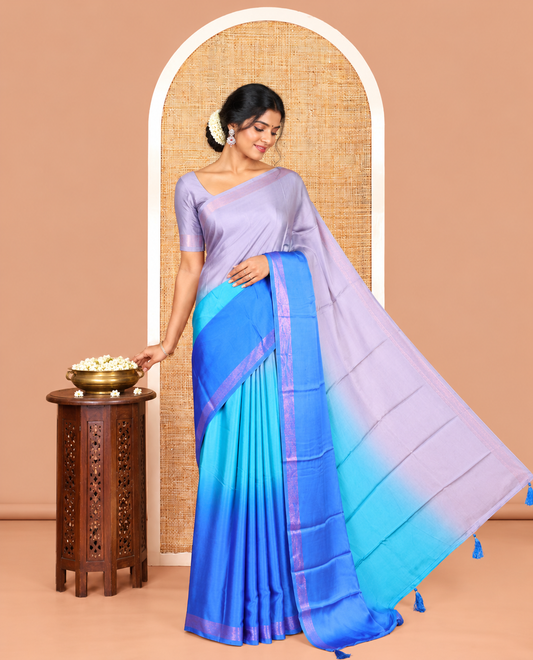 Grey-Royal Blue Plain Ombre-Style Satin Crepe Saree