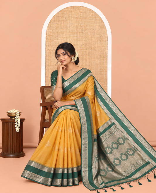 Mustard Zari Design Elite Soft Saree, Contrast Rettai Pettu Border, Grand Pallu, and a Contrast Blouse