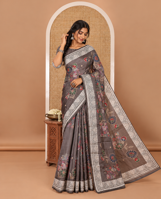 Mauve brown floral print & multi-color floral thread embroidered fancy tussar silk saree, triangle motif print & embroidered border & matching blouse of print & embroidery