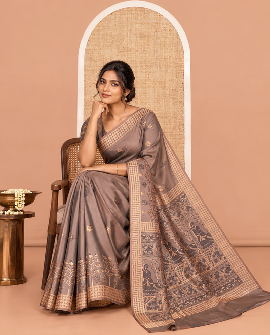 Brown Satin Silk Saree, Adorned with Flora-Fauna Buttas, Tree-Bird Border, Intricate Pallu, Matching Blouse
