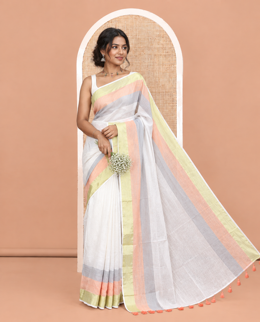 Cream Plain Khadi Mul Cotton Saree, a Contrast Tri-Pastel Colored Border, and No Blouse