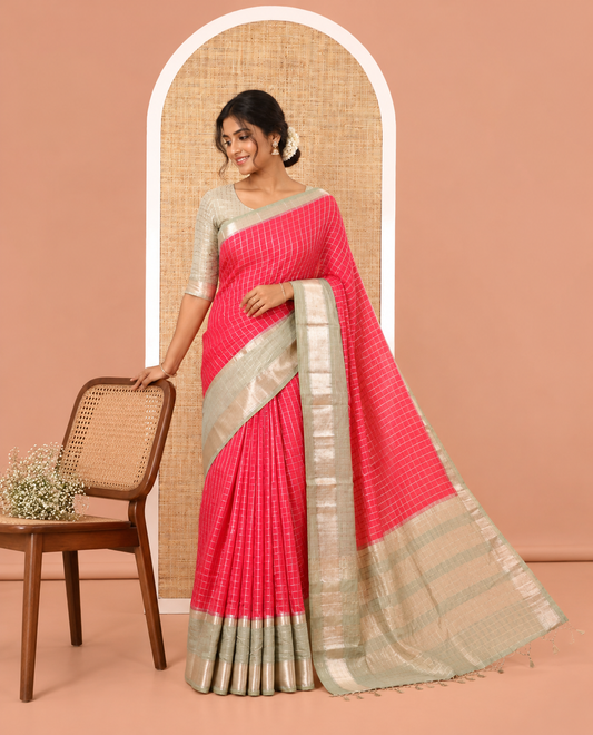 Pink Assam Silk Saree, Gleamed Up with Micro-Checked Zari Design All Over Its Body, Complemented by a Contrast Traditional Design Rettai Pettu Border, Zari Design Pallu, and Paired with a Contrast Blouse