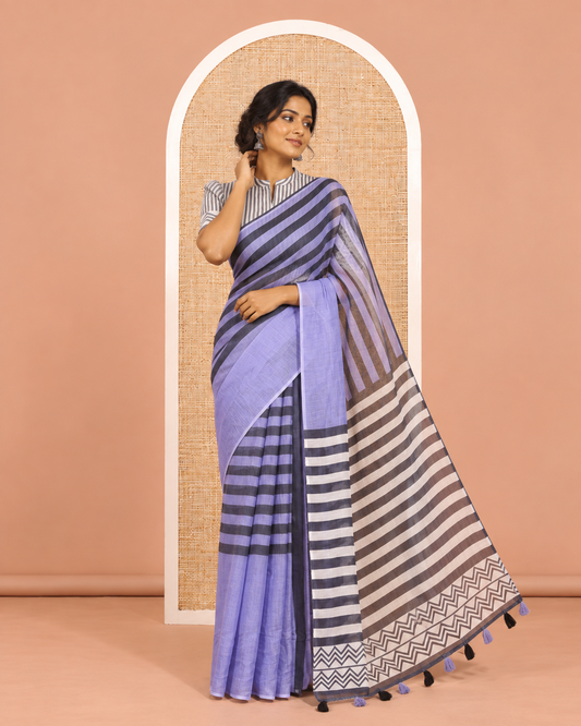 Borderless Lavender Linen Cotton Saree, Decked Up with Stripes, a Self-Pallu of Stripes, and a Contrast Blouse