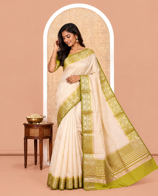 Cream-Mehendi Plain Art Tussar Saree