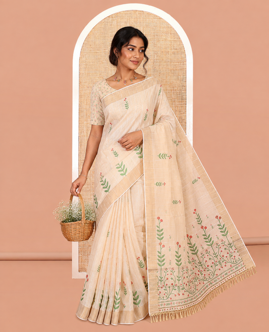 Cream-Red Tissue Linen Cotton Saree Features Floral Buttas, a Zari Border, Floral Pallu, Matching Blouse