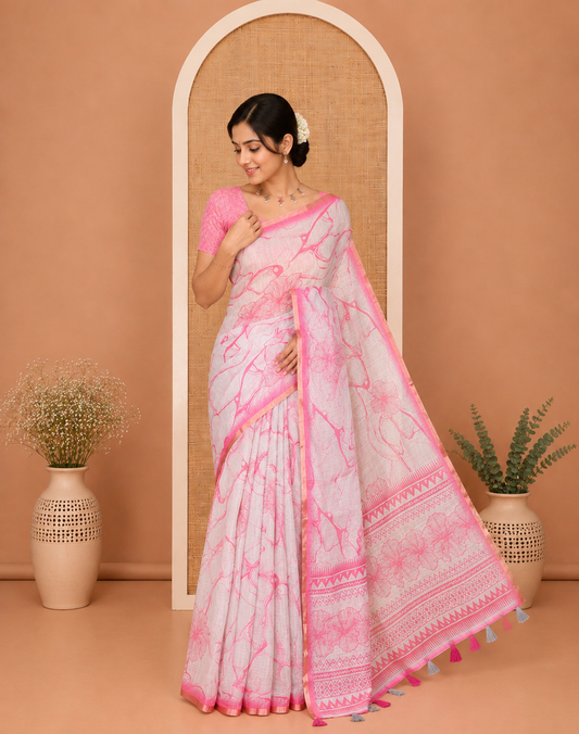 Grey Linen Cotton Saree, Decked Up with Abstract Floral Print On Its Body, Subtle Piping Border, Pallu of Floral and Geometric Print, and Paired with a Contrast Blouse