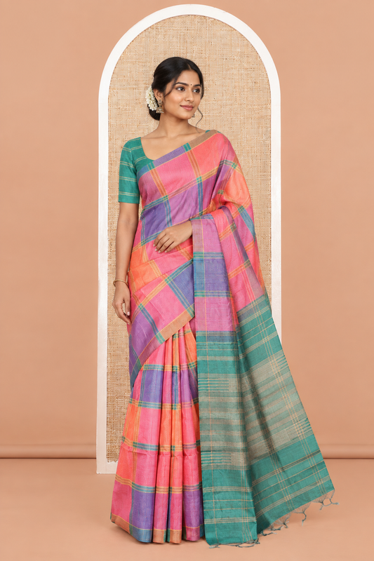 Borderless Pink Macro-Checked Katan Silk Saree, a Subtly Striped Pallu, and a Contrast Blouse