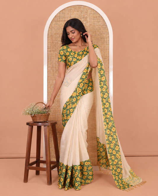 Gold Plain Tissue Saree, Complemented by a Contrast Floral Motif-Printed Border, a Self-Pallu, and a Contrast Blouse