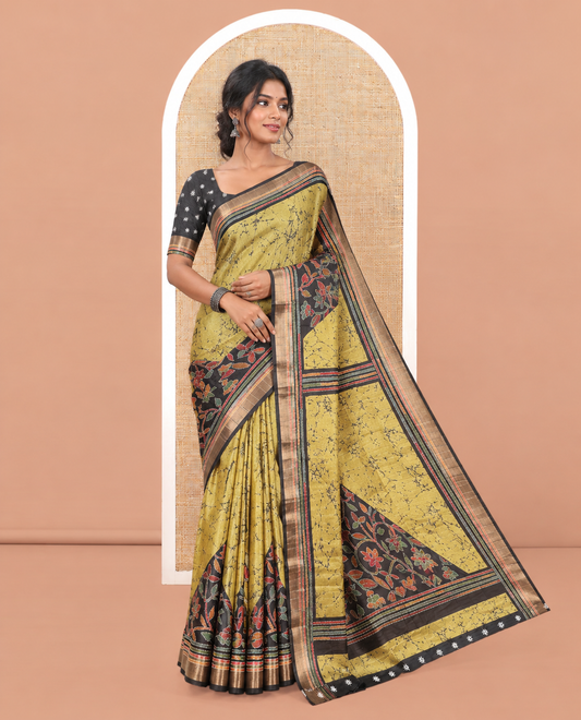 Green Katan Silk Saree, Detailed with Batik Print, a Contrast Kantha Work Border, Pallu of Floral Print and Kantha Work, and a Contrast Blouse
