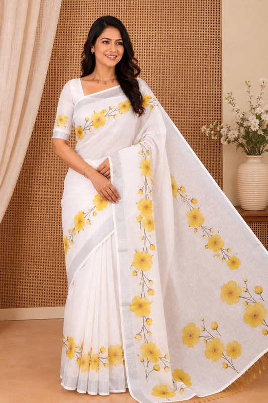 White-Yellow Linen Cotton Saree, Beautified with Floral Print, a Subtle Zari Border, and a Matching Blouse