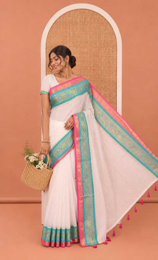 Cream Plain Khadi Mul Cotton Saree, a Contrast Traditional Zari Floral Creeper Border, and a Matching Blouse