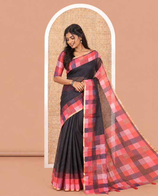 Black-Red Plain Linen Cotton Saree, a Contrast Checked Border, Checked Pallu, and a Contrast Blouse