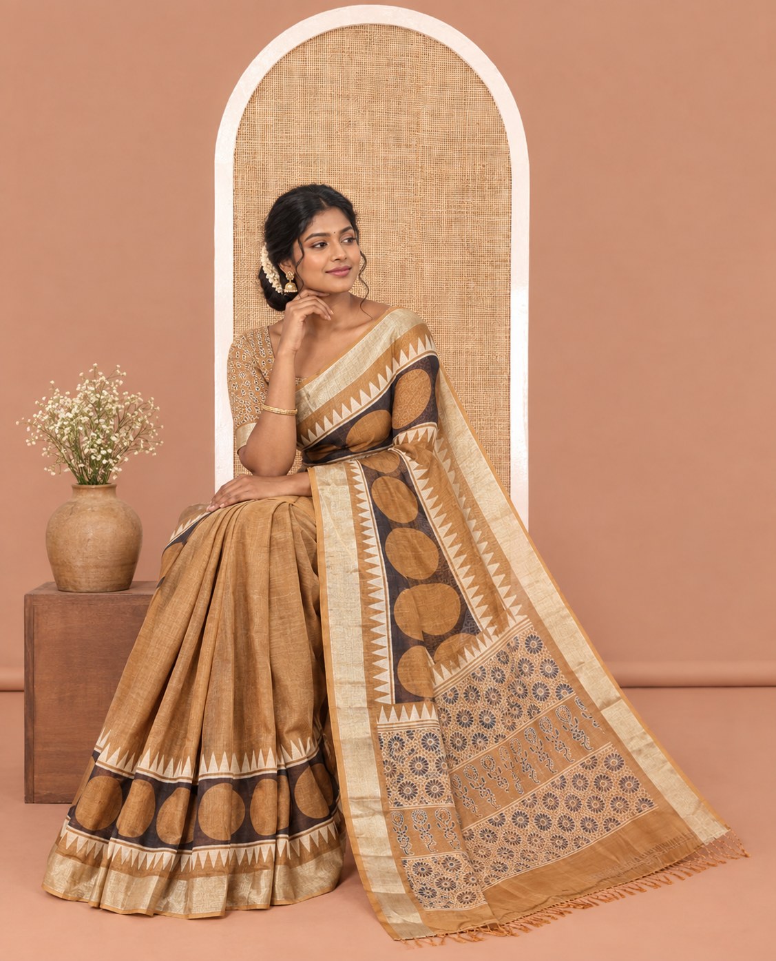 Mustard Satin Crepe Saree, Adorned with Polka Dot and Temple Buttas on Its Body, Highlighted by a Zari Border, Pallu Steeped with Floral Designs, and Paired with a Matching Blouse