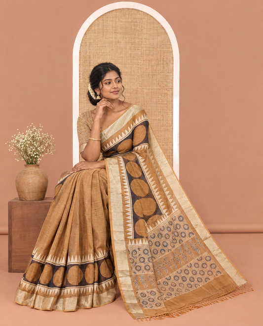 Mustard Satin Crepe Saree, Adorned with Polka Dot and Temple Buttas on Its Body, Highlighted by a Zari Border, Pallu Steeped with Floral Designs, and Paired with a Matching Blouse