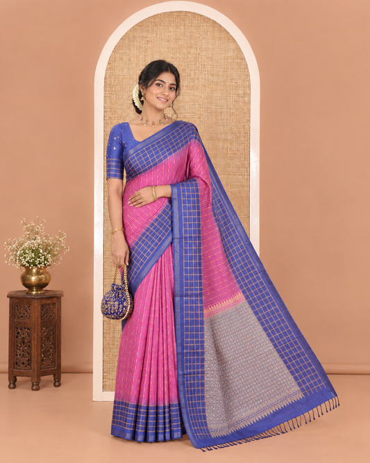 Purple Katan Silk Saree, Mesmerized with Vaira-Oosai-Style Stripes on Its Body, Complemented by a Contrast-Checked Border, Pallu of Jaal Designs, and Paired with a Contrast Blouse
