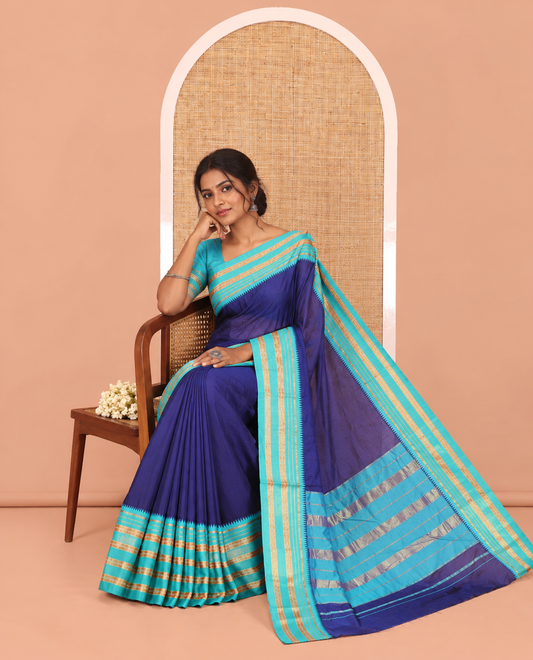 Royal Blue Plain Mercerised Cotton Saree, Contrast Traditional Thread Temple Border, Striped Pallu, and a Matching Blouse