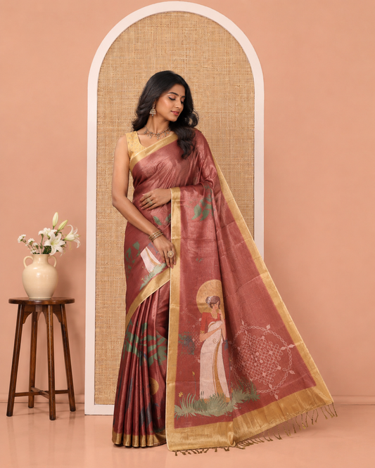 Reddish-Brown Kerala Culture-Themed Tissue Saree Features a Girl, Banana Leaf, and Kolam Motifs, Contrast Border, and Blouse