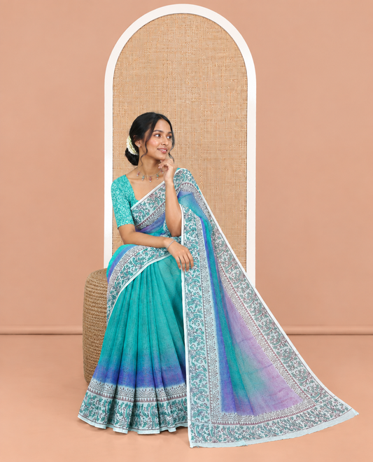 Rama Plain Ombre-Styled Kota Doria Saree, a Contrast Floral Printed Border, and a Contrast Printed Blouse