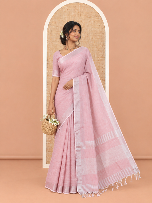 Dusky Pink Plain Linen-Cotton Saree, a Zari Border, Striped Pallu, and a Matching Blouse
