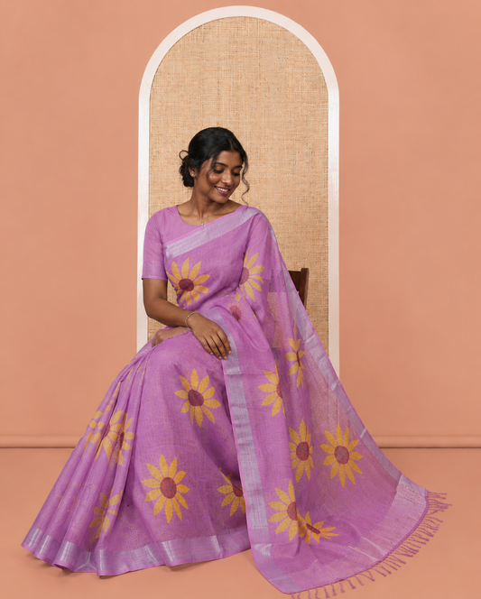 Onion Pink Linen Cotton Saree, Beautified with Sunflower Print, a Zari Border, and a Matching Blouse