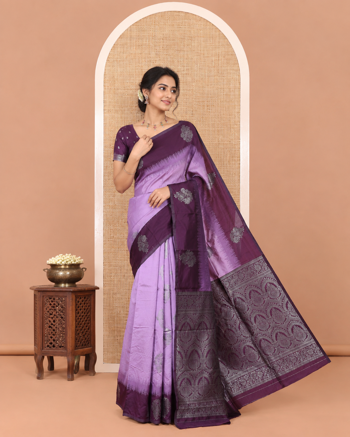 Lavender Art Silk Saree, Adorned with Zari Buttas All Over Its Body, Complemented by a Contrast Border of Unique Buttas, Pallu Grandly Woven with Intricate Designs, and Paired with a Contrast Blouse