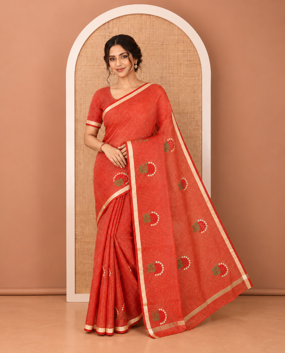 Red Kota Doria Saree, Adorned with Zari Checks and Floral Embroidery, a Piping Border, Matching Blouse
