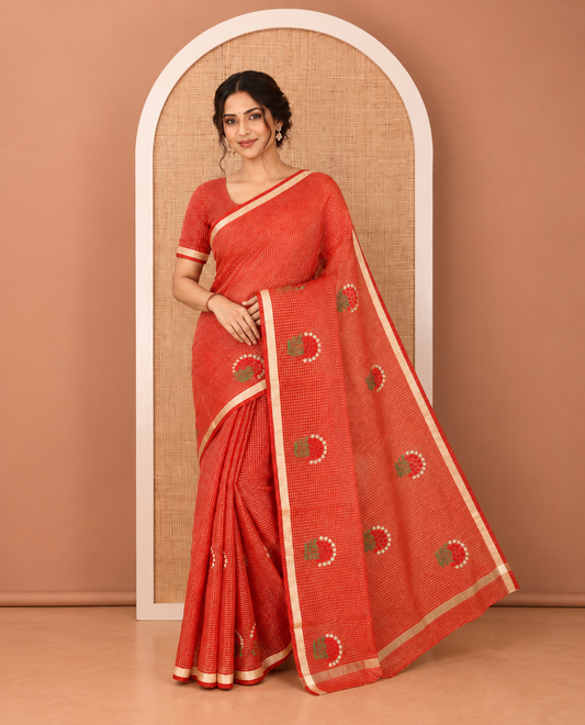 Red Kota Doria Saree, Adorned with Zari Checks and Floral Embroidery, a Piping Border, Matching Blouse