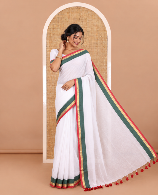 White full-plain Khadi mul cotton saree, contrast red and green zari border, plain pallu, and a plain blouse
