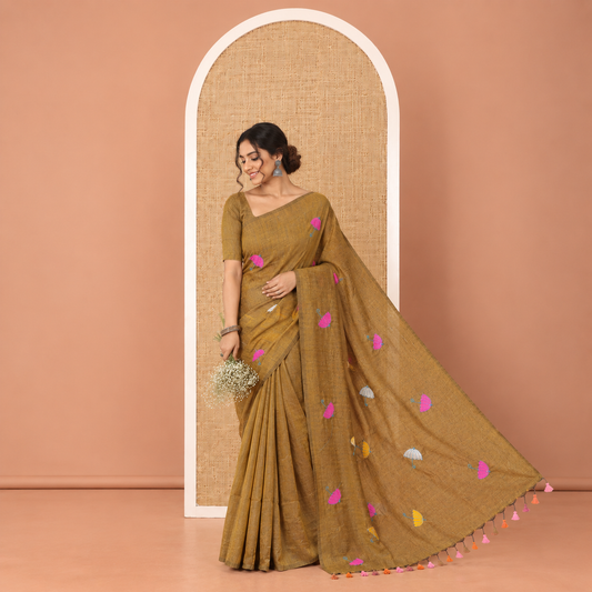Borderless Mustard Khadi Cotton Saree, Delicately Woven with Umbrella Motifs, Thread Embroidered on Its Body, a Self-Pallu, and Paired with a Matching Blouse