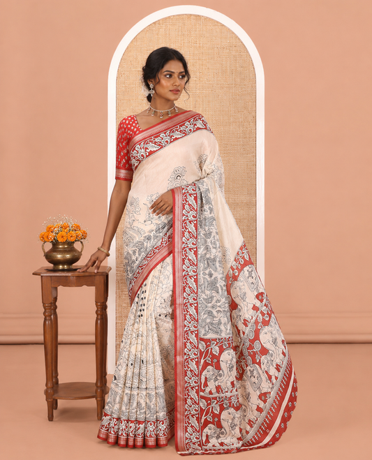 Cream-Red Kalamkari Printed Moss Chiffon Saree, a Contrast Border, a Contrast Blouse