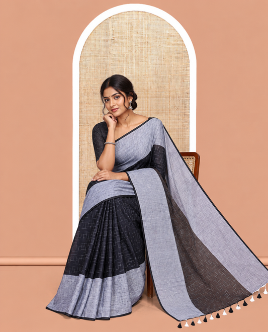 Black-Grey Khadi Mul Cotton Saree, Subtly Sparkled with Geometric Print, Complemented by a Contrast Border, and No Blouse