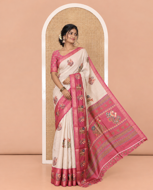 Chikku-Rani Moss-Chiffon Saree, Adorned with Checks and Floral-Bird Print, Contrast Border, Printed Pallu, and Contrast Blouse