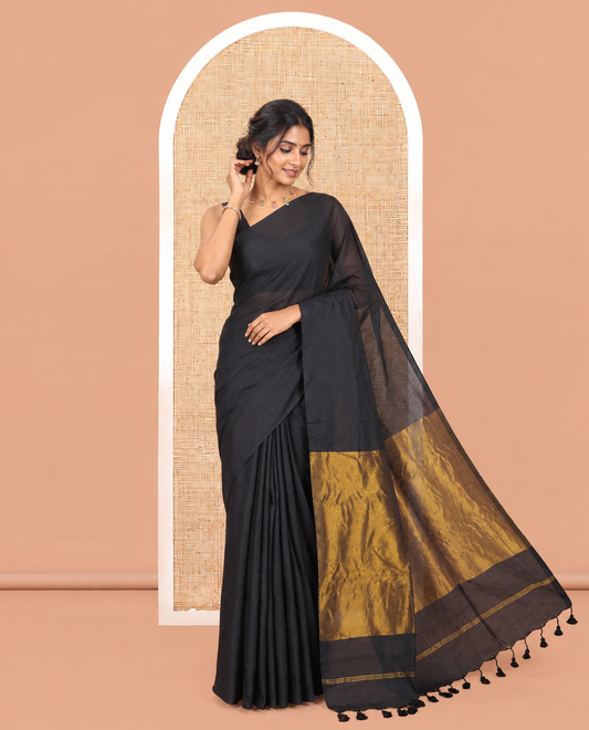 Borderless Black Plain Khadi Cotton Saree