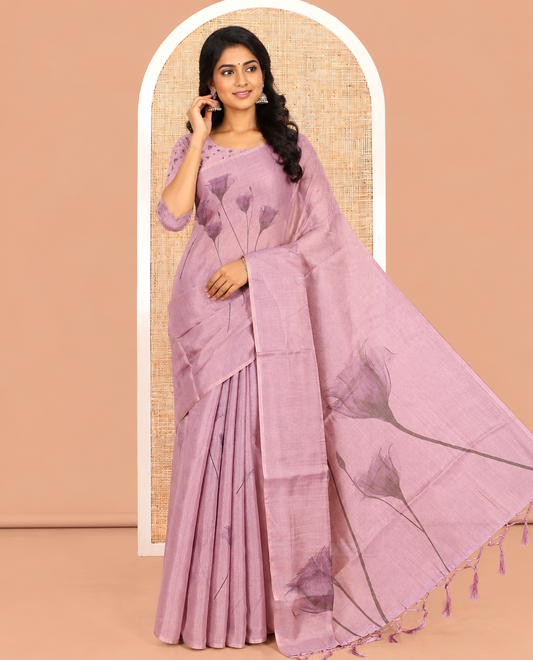 Borderless Purple Tissue Cotton Saree