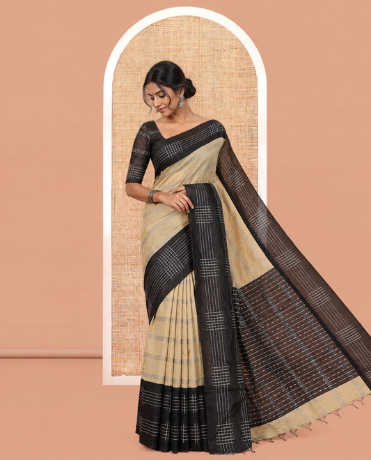 Chikku Zari Design Semi-Raw Silk Saree, a Contrast Checked Design Border, a Contrast Pallu, and a Contrast Blouse