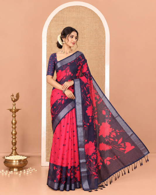 Pink Linen Cotton Saree, Beautified with Silhouette-Style Floral Vine Printed on Its Body, Subtly Zari Bavanji Border, Pallu of Same Floral Print, and Paired with a Matching Blouse