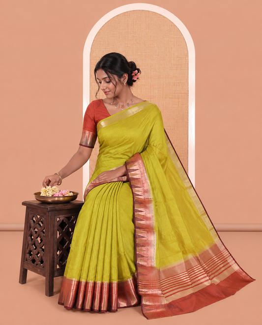 Green Plain Semi-Tussar Saree, Contrast Traditional Temple Border, Striped Pallu, Contrast Blouse