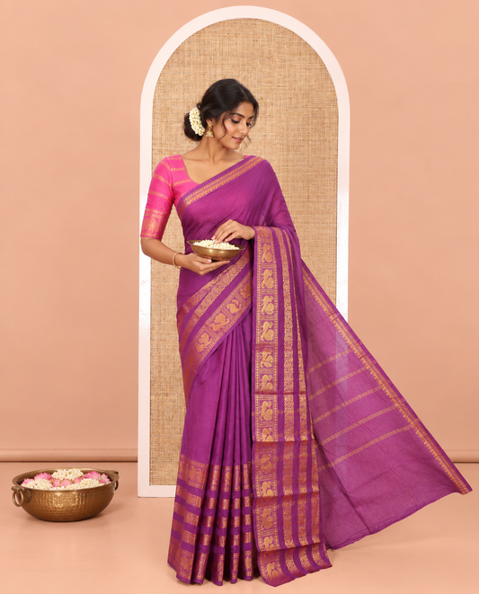 Violet Plain Sungudi Cotton Saree, Highlighted by Traditional Zari Border of Peacock and Floral Creeper Designs, Subtly Striped Pallu, and Paired with a Contrast Blouse