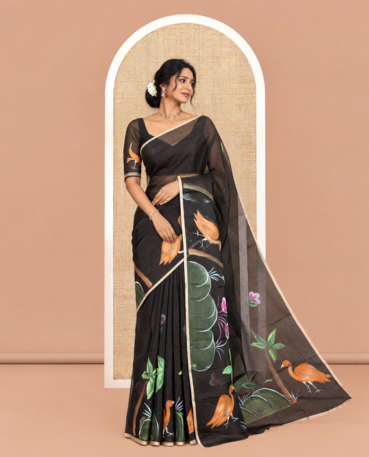Black Kota Doria Saree Features Flora-Flamingo Hand-Brush Print, a Piping Border, Matching Blouse