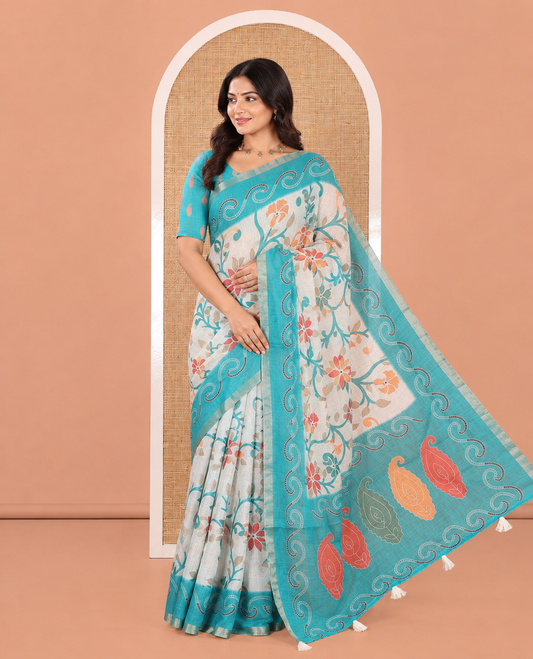 Rama Linen Cotton Saree Features Floral Vine Print, a Contrast Border, Paisley-Printed Pallu, and a Contrast Blouse