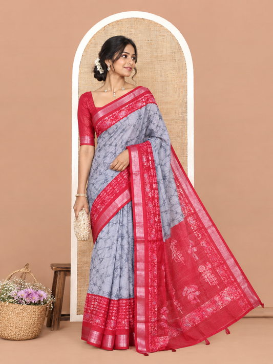 Grey Jute Linen Cotton Saree, Finely Crafted with Batik Print, Contrast Batik-Printed Zari Border, Batik-Printed Pallu, a Contrast Blouse