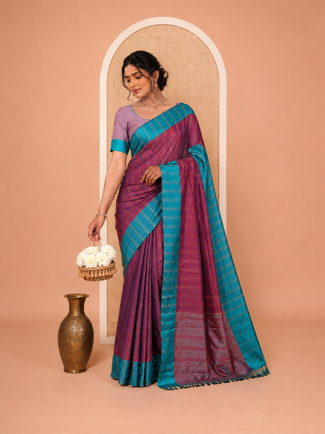Purple  Semi-Soft Silk Saree, Elevated with Chevron Stripes, Complemented by a Contrast Zari Striped Border, and a Contrast Blouse