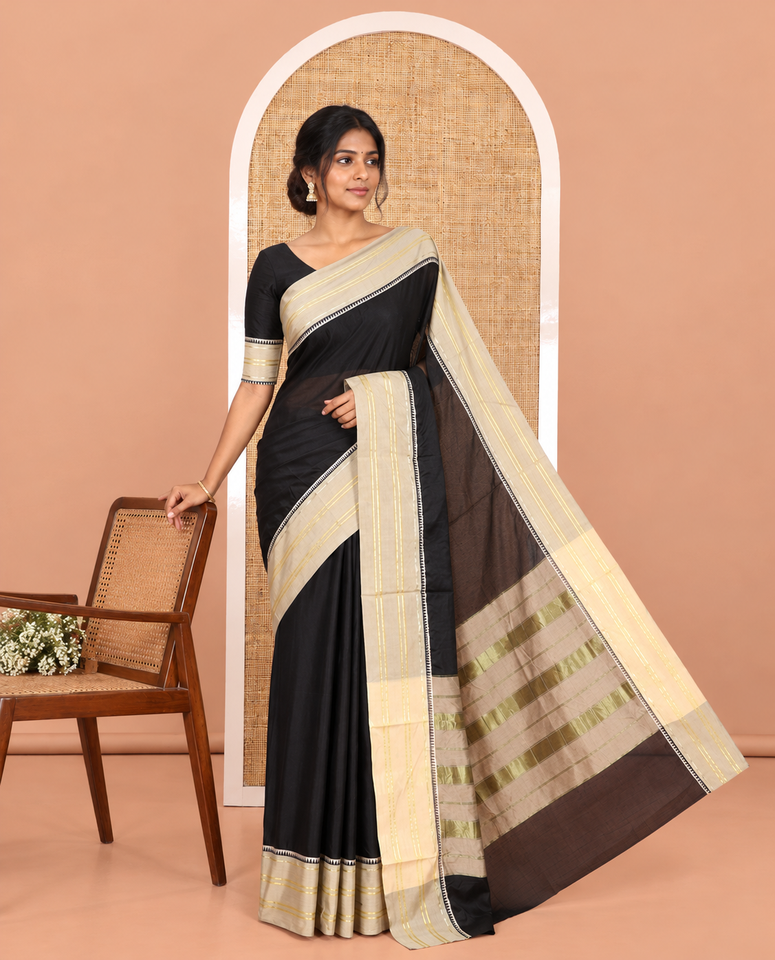 Black-Chikku Plain Mercerised Cotton Saree, Contrast Traditional Thread Temple Border, Striped Pallu, and a Matching Blouse